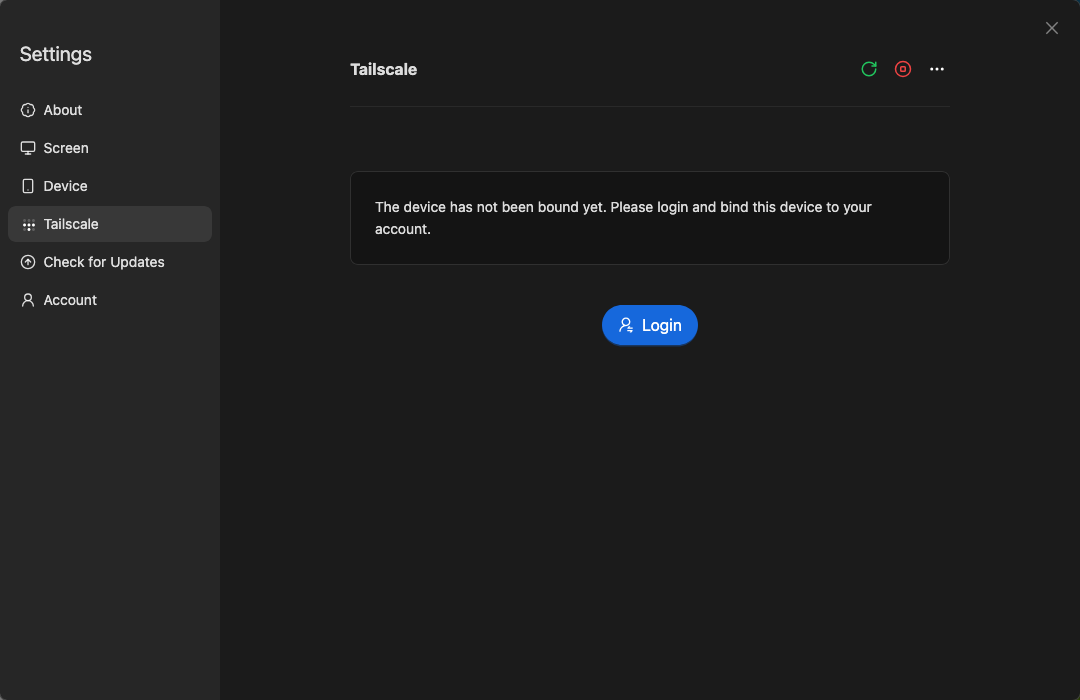 AetherBox console settings, Tailscale panel: the device has not been bound yet, above a Login button