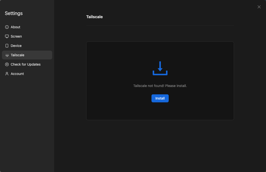 AetherBox console settings, Tailscale panel: “Tailscale not found! Please install.” above an Install button